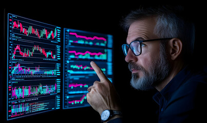 Poster - Analytical Businessman Reviewing Financial Data on Digital Monitors