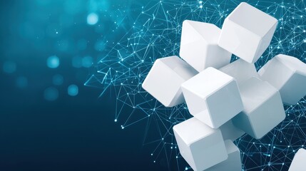 Fototapete - A digital art representation featuring white geometric shapes against a blue background with abstract connections and glowing dots.