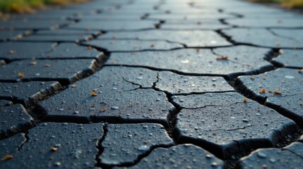 Aufkleber - Cracked Pavement Texture A Detailed Close-Up of Interlocking Stone Surface with Autumn Leaves and Dewdrops