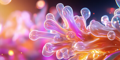 Poster - Vivid fractal formations emerge, resembling coral through intricate biomorphic designs. Neon highlights illuminate the surreal underwater-like environment, creating a captivating visual symphony