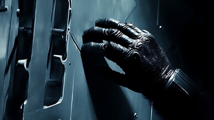 Poster - Close-up of a gloved hand reaching out to a textured surface in a dimly lit environment, creating an aura of mystery and suspense