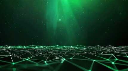 Fototapete - A digital landscape featuring a green, glowing grid pattern, symbolizing technology and connectivity in a futuristic environment.