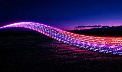 Poster - Colorful Digital Wave with Binary Code at Sunset Over Landscape
