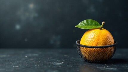 Poster - A single citrus fruit, nestled in a small wire basket, rests on a dark surface, a vibrant leaf adding a touch of freshness.