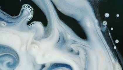 Aufkleber - abstract fluid swirl of white and blue liquid with foamy bubbles on dark background, perfect for artistic background and texture

