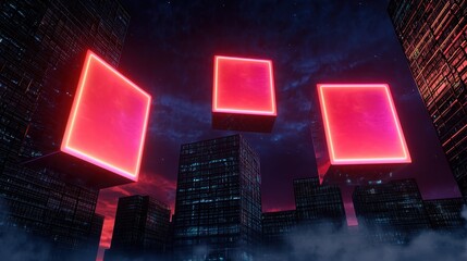 Poster - A futuristic cityscape with glowing pink squares hovering above dark, towering structures under a starry sky.