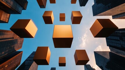 Poster - A surreal view of golden cubes floating amidst tall skyscrapers under a bright blue sky, creating a striking contrast in the urban landscape.