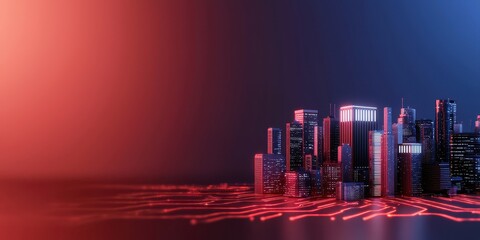 Poster - A futuristic city skyline is illuminated in vibrant red and blue hues, reflecting a technological and digital atmosphere.