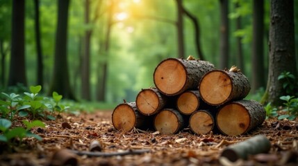 Aufkleber - A stack of neatly arranged logs rests on the forest floor, bathed in the warm glow of sunlight filtering through the trees. The logs are freshly cut, showcasing their natural wood grain and texture.