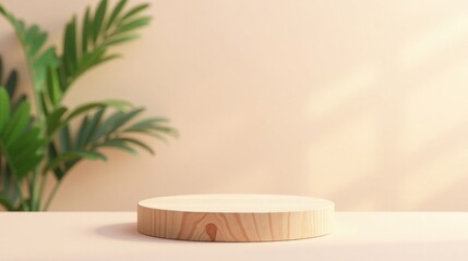 Aufkleber - A Simple Wooden Display Platform with a Soft, Natural Background and Lush Greenery