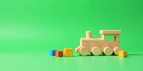 Aufkleber - Wooden Toy Train and Colorful Blocks on Green Background A Childhood Memory