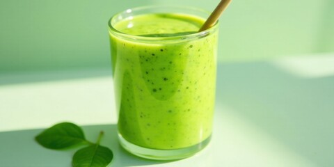 Poster - Refreshing Green Smoothie in Glass with Wooden Stirrer on Light Green Background