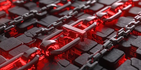Aufkleber - A close-up of interlocking chains with red glowing links, highlighting a blend of technology and security themes.
