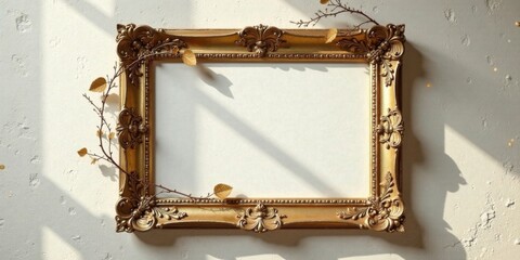 Poster - Ornate golden frame with autumnal branches and shimmering particles against a textured wall