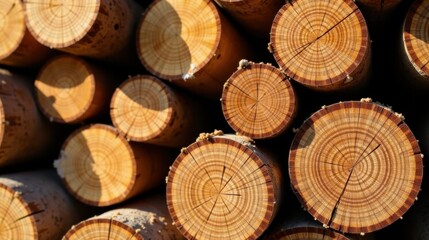 Aufkleber - Stack of sunlit timber logs showcasing intricate wood grain patterns and natural texture