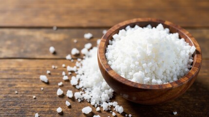 Poster - A wooden bowl filled with small white granules sits on a rustic brown wooden surface, some granules scattered nearby.