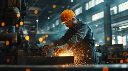 Wall Mural - factory worker in a hard hat and safety gear operating heavy machinery, sparks flying, realistic lig