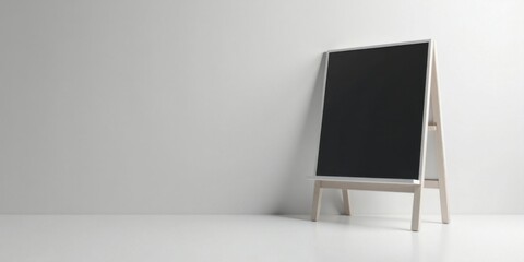 Poster - Blank A-Frame Blackboard on Light Grey Floor against a White Wall, Ready for Your Message
