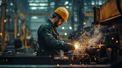 Wall Mural - factory worker in a hard hat and safety gear operating heavy machinery, sparks flying, realistic lig