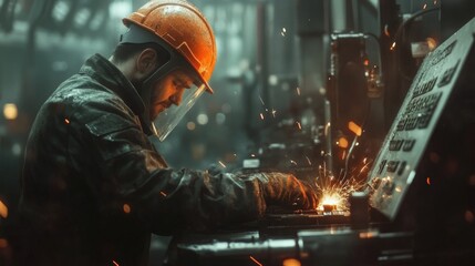 Wall Mural - factory worker in a hard hat and safety gear operating heavy machinery, sparks flying, realistic lig