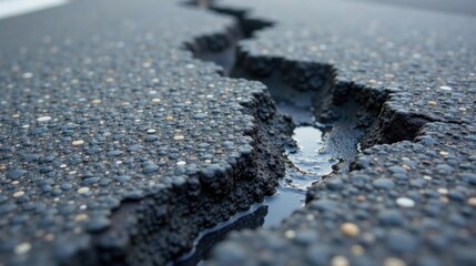 Poster - A Detailed Close-Up View of a Cracked Asphalt Surface with Water Accumulating in the Fissure