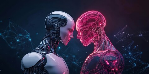 Poster - Two futuristic humanoid robots face each other, one with a metallic exterior and the other with a glowing, digital appearance, symbolizing the clash of technology and humanity.