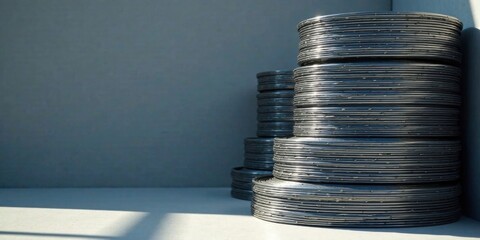 Aufkleber - A Stack of Metallic Discs in Sunlight Against a Neutral Background, Creating a Striking Visual Representation of Order and Repetition