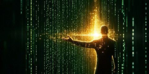 Poster - Cascading symbols descend through a digital matrix, creating a mesmerizing holographic effect. A figure reaches out, embodying the convergence of technology and human interaction in a high-tech realm