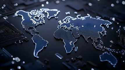 Poster - Futuristic World Map with LED Circuit Design on Dark Background