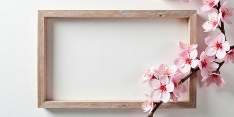 Poster - A rustic wooden frame presents a delicate arrangement of blossoming pink flowers, creating a serene and elegant springtime scene.