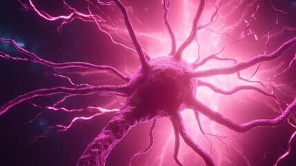 Poster - A vibrant, close-up view of a neuron with intricate branching structures glowing in shades of pink and purple.