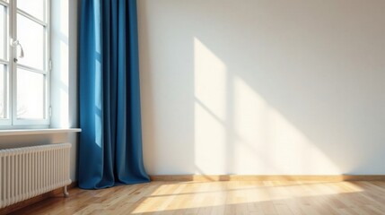 Aufkleber - Sunlight Illuminates an Empty Room with a Blue Curtain and Hardwood Floor