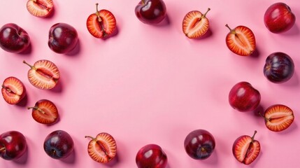 Poster - A vibrant arrangement of halved and whole plums creates a delightful border on a pink backdrop, offering a visually appealing composition perfect for culinary or healthy lifestyle themes.