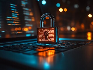 Fototapete - Laptop with a padlock symbolizing data security, strong password and firewall system to protect against hacking, ensuring safe online access and secure information flow