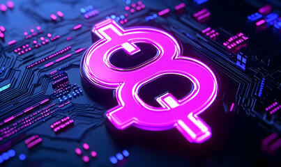 Poster - Neon Currency Symbol on Circuit Board with Blue and Pink Lights