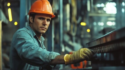 Wall Mural - factory worker wearing a hard hat and safety gear, operating machinery