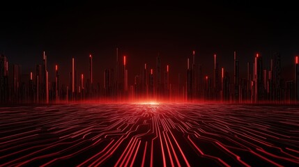 Fototapete - A futuristic landscape filled with glowing red lines and vertical structures, creating a digital, cybernetic atmosphere.
