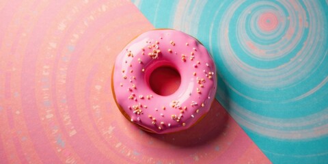 Poster - A single pink glazed donut with sprinkles rests on a vibrant dual-toned background featuring swirling pastel patterns.