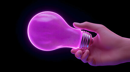 Poster - Hand Holding Neon Pink Light Bulb Against Black Background