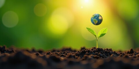 Poster - A Tiny Seedling Emerging from Rich Soil with a Miniature Earth Globe Floating Above It, Symbolizing Environmental Growth and Sustainability