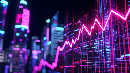 Poster - Vibrant Digital Stock Market Graph in Futuristic Cityscape Background