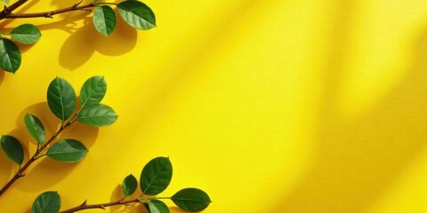 Poster - Vibrant Yellow Background with Lush Green Leaves and Sunlight Shadows, Perfect for Spring or Summer Designs
