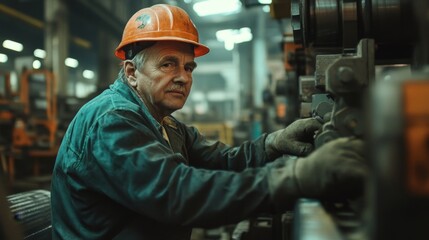Wall Mural - factory worker wearing a hard hat and safety gear, operating machinery