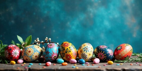 Poster - A Festive Arrangement of Ornate Easter Eggs Decorated with Vibrant Floral Patterns and Placed on a Rustic Wooden Surface Against a Teal Background, Adorned with Candy and Greenery.