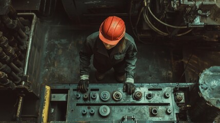 Wall Mural - factory worker wearing a hard hat and safety gear, operating machinery