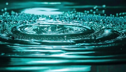 Poster - macro water droplets on reflective surface with glowing teal bokeh, abstract liquid texture, futuristic background for design

