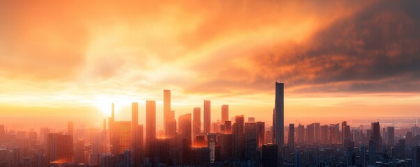 Poster - A breathtaking skyline at sunset, featuring towering skyscrapers silhouetted against a vibrant, colorful sky.