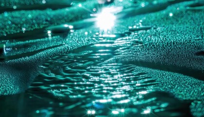 Poster - macro water droplets on reflective surface with glowing teal bokeh, abstract liquid texture, futuristic background for design

