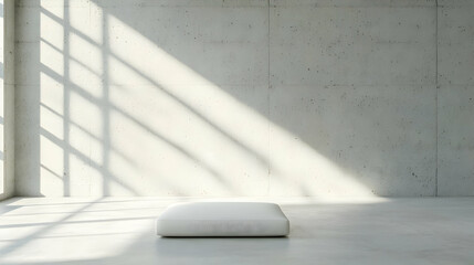Poster - Minimalist White Cushion in Sunlit Concrete Room with Shadows