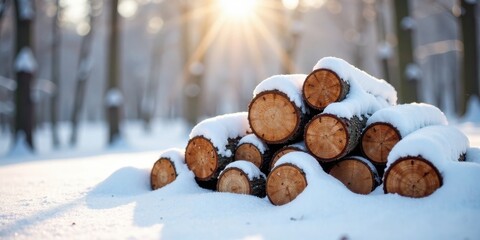 Poster - Winter woodland scene featuring a stack of snow-covered logs bathed in the soft glow of the setting sun, a picturesque winter tableau.